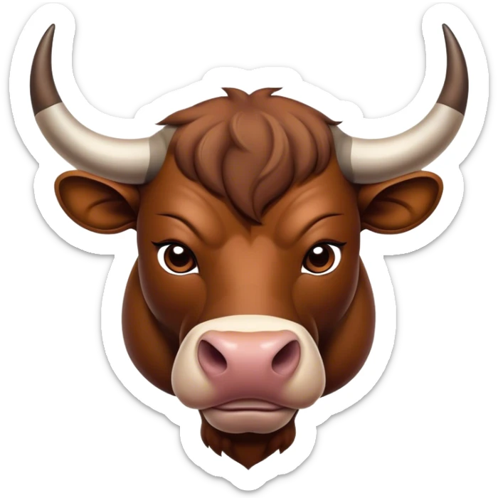 Cinematic Noble Brown Bull Portrait Emoji, Poised and regal, with a massive, muscular build and a sleek, well-groomed rich brown hide, deep-set soulful dark eyes, Simplified yet sharp and sophisticated features, highly detailed, glowing with a soft, dignified glow, high shine, intelligent and formidable, stylized with an air of strength, focused and attentive, soft glowing outline, capturing the essence of a watchful and confident guardian, so majestic it feels as though it could charge out of the screen with effortless authority! sticker