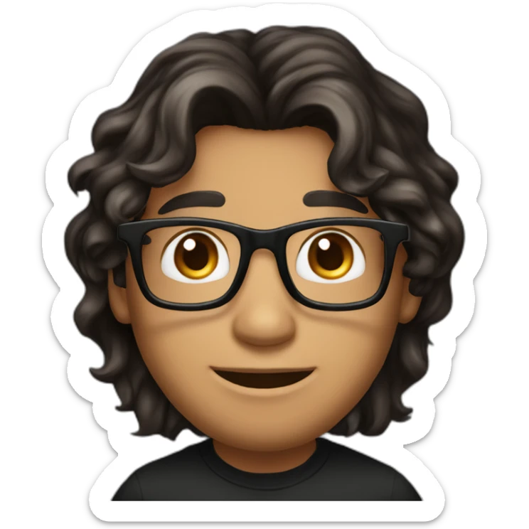 Caramel smiling man, dark brown eyes, black long wavy hair, no facial hair, thin and long nose, round glasses, black t shirt sticker