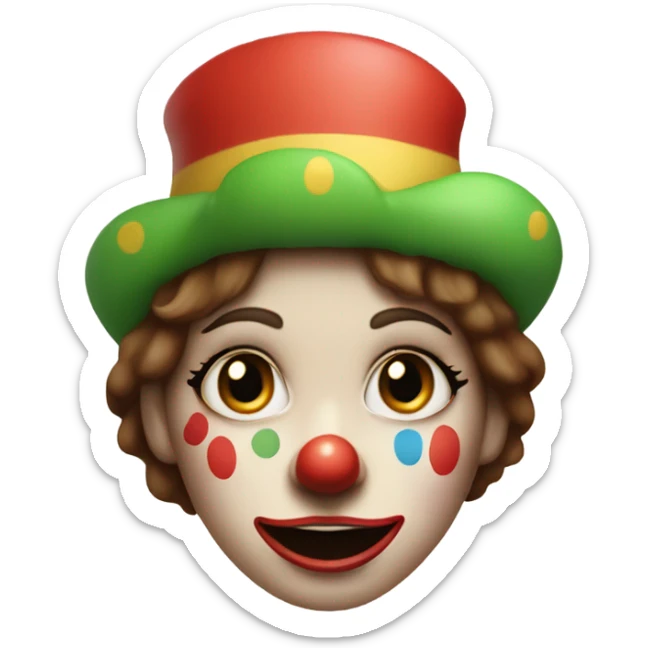 smiling clown girl with clown face paint wearing jester hat with straight brown hair exaggerated expression of sadness on her face  sticker