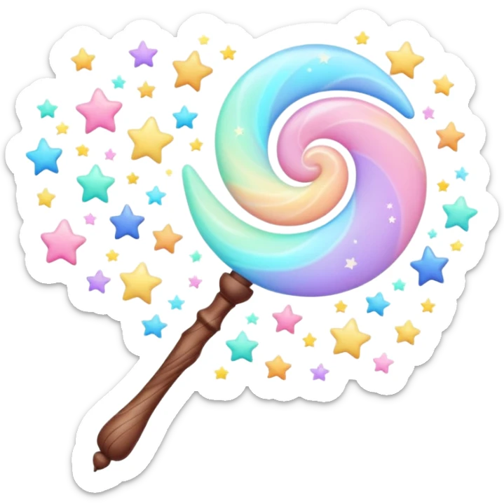 Cinematic cute magical wand, pastel swirls of color, tiny twinkling stars floating around, glowing softly, chubby rounded edges, whimsical and dreamy. sticker