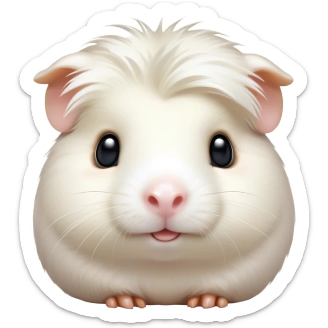 Cinematic Cute White Guinea Pig Portrait Emoji, Head tilted playfully and inquisitively, showcasing a silky, immaculate white fur with a natural glow, round, sparkling dark eyes filled with curiosity, Simplified yet irresistibly adorable features, highly detailed, glowing with a warm, friendly light, high shine, affectionate and lively, stylized with a touch of whimsy, bright and endearing, soft glowing outline, capturing the essence of a mischievous yet loving guinea pig, so playful it feels like it could nuzzle out of the screen and into your arms! sticker