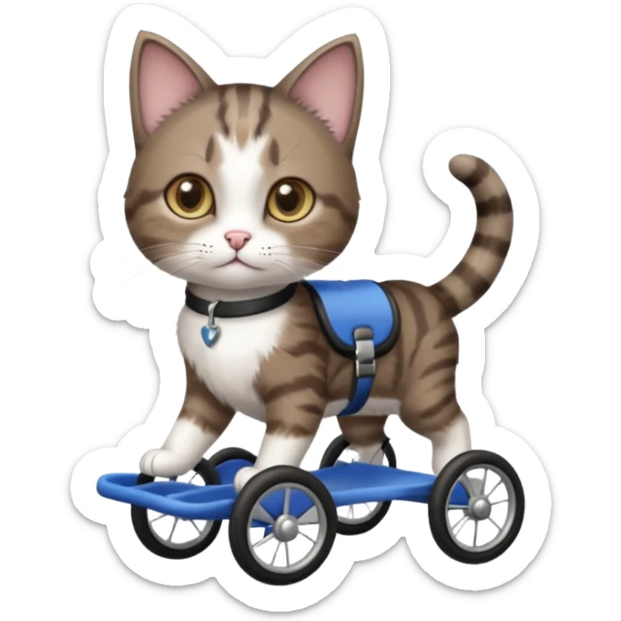 full body small short hair dark brown and white cat with hazel eyes walking in a wheelchair for cats sticker