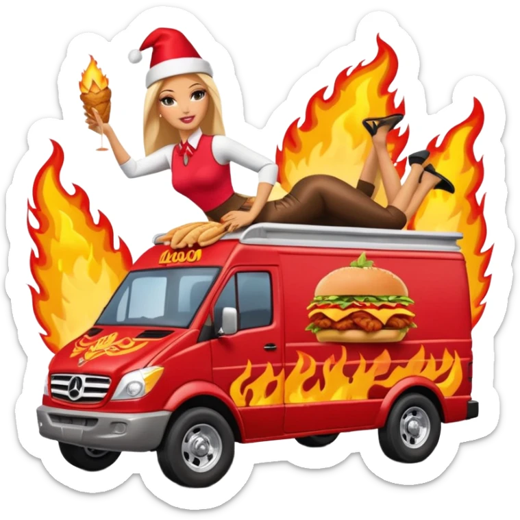 Hispanic pollo loco Barbie’s insanely flaming hot butt hurt burning chicken sandwich Extended length Sprinter 4500 van high roof off road rally delivery food truck capable of rock and desert racing  sticker