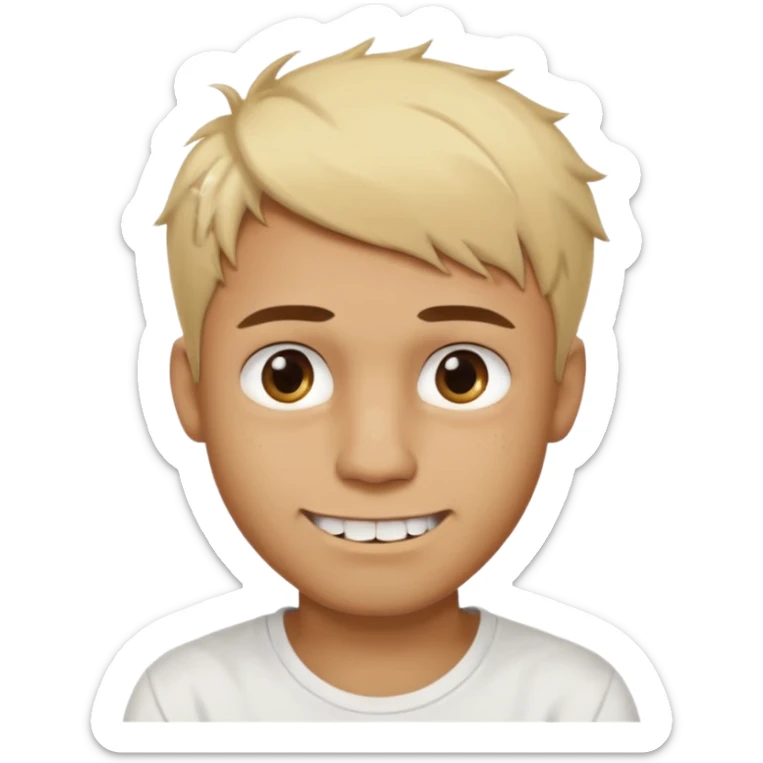 Male with short, messy blonde hair, large expressive golden-brown eyes, brown skin, scar over nose, crooked smile showing slightly damaged teeth, wearing a plain white t-shirt. sticker