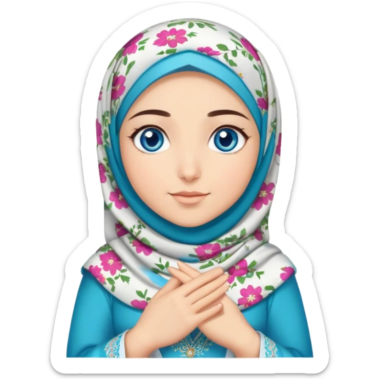 Turkish beautiful finish Konya girl blue eyes with floral hijab dress islamic dress and had on her hand text Eid Mubarak  sticker