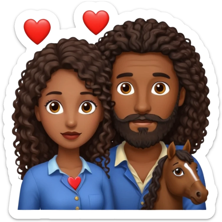 pareja de Mujer morena rizada cabello largo castaño ojos oscuros y hombre piel blanca con caballo oscuro con barba y ojos marron alrededor de la pareja corazones sticker