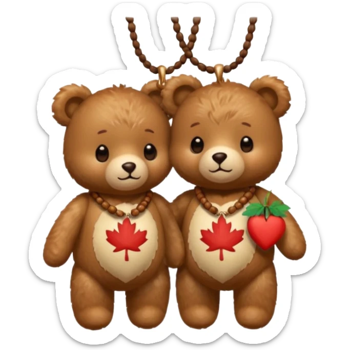 2 fluffy Teddy bears in love. One has an acorn necklace and a maple leaf necklace  sticker