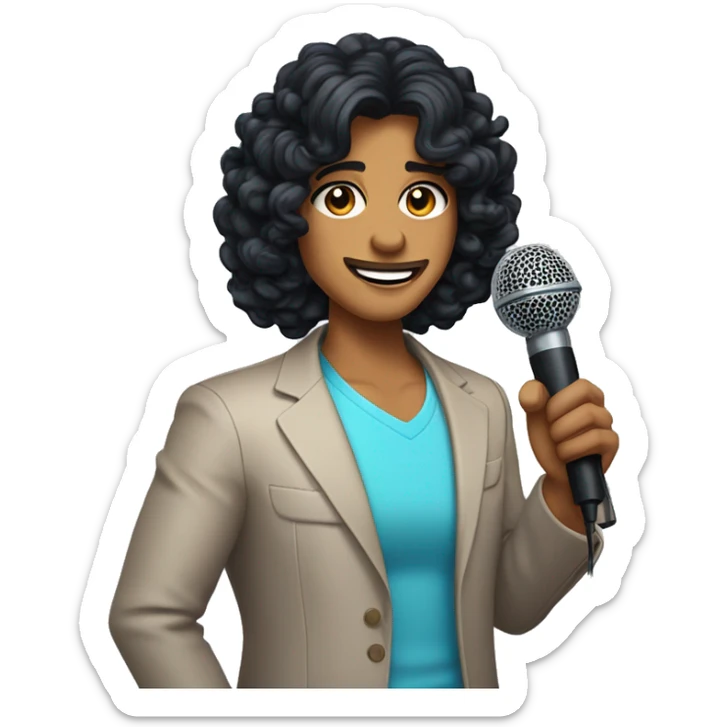 A game show host with shoulder-length curly black hair and tanned skin holding a microphone sticker