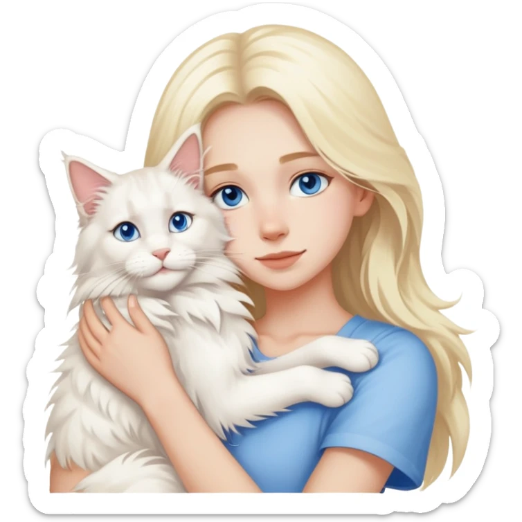 blonde girl blue eyes hugging a white Maine Coon A Chinese fashion girl with brown hair, wearing a light gray fur coat, hugging a Shiba Inu and a long-haired white Persian cat. sticker