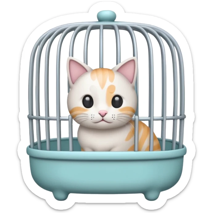 A cute emoji-style cat cage — rounded, cartoon look, clean outline, pastel colors. Vertical metal bars in front, small handle on top, and soft edges. Simple, minimal details, high contrast, with no cat inside sticker
