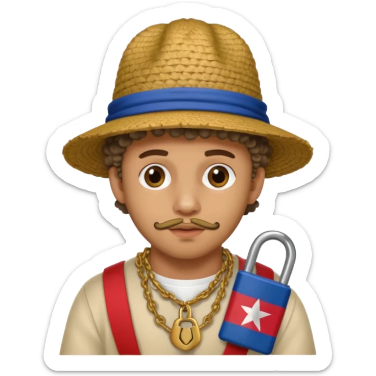 An emoji of Bad Bunny, the superstar from Puerto Rico. The singer. His hair is curly. He has a padlock beard. An an traditional boricua hat.  sticker