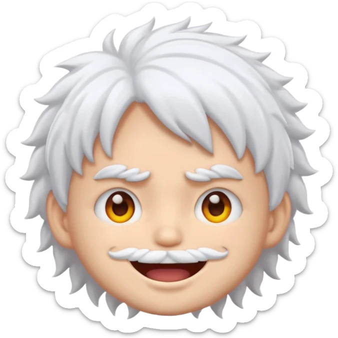 emoji inspired by Luffy Gear 5, fluffy white hair, playful grin, glowing eyes, round face, clean vector art, bold lines, bright colors, transparent background, 1:1 sticker