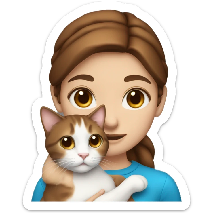 Girl with brown hair and blue eyes holding calico cat sticker
