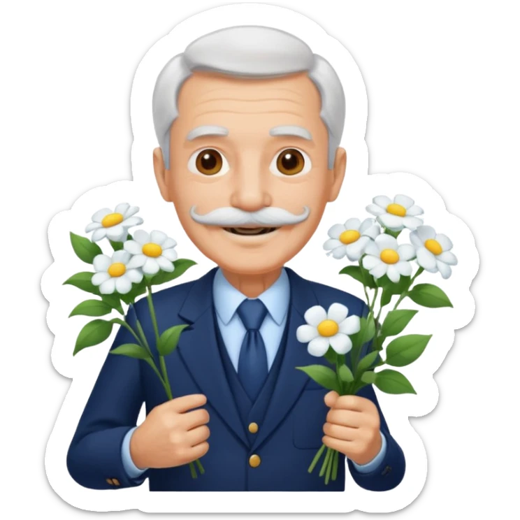 homme âgé en costume bleu foncé souriant avec moustache portant un bouquet fleurs blanche  sticker