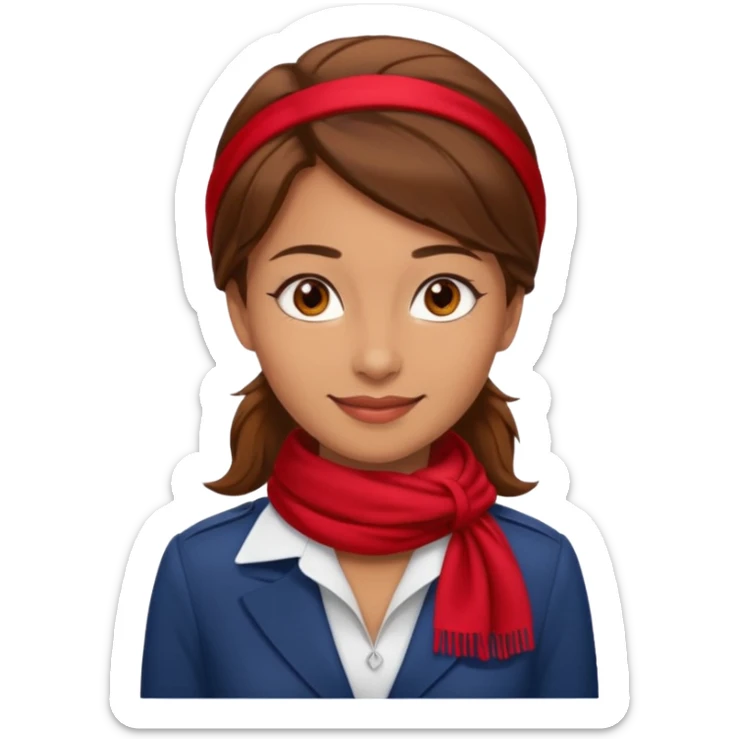 Female flight attendant, with red scarf, white shirt, brown hair, brown eyes, iOS emoji-type face sticker