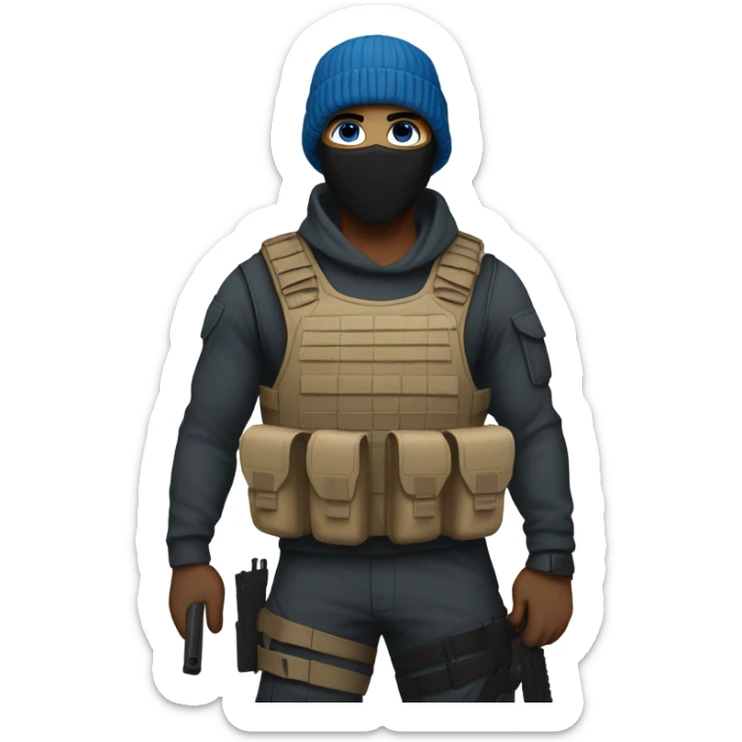 White male, face mask, tan tactical gear, combat boots, gun, black beanie, blue eyes sticker