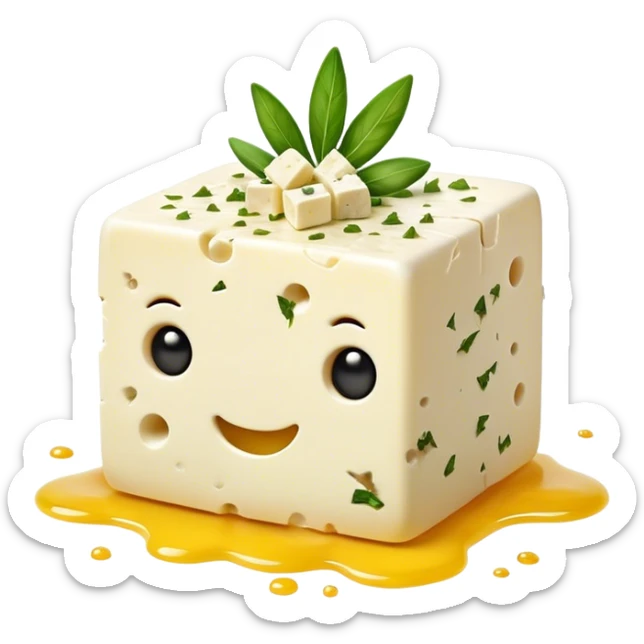 Cinematic Realistic Feta Cheese Dish Emoji, depicted as a block of crumbly, tangy cheese garnished with olive oil and herbs rendered with lifelike detail and soft natural lighting. sticker