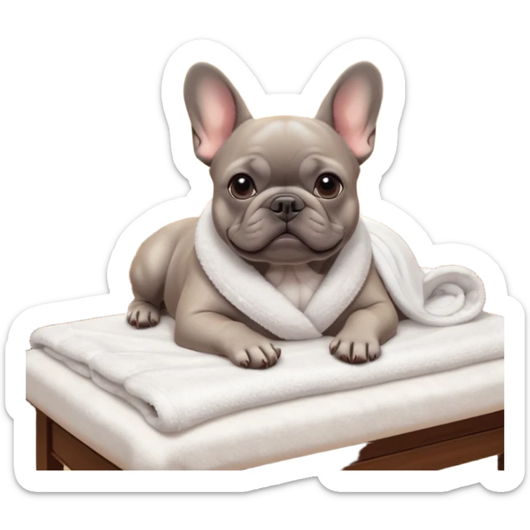 A gray French Bulldog lying relaxed on a professional massage table in a cozy spa room. Soft warm lighting, clean interior, gentle towels, peaceful atmosphere, detailed high-quality render, cute facial expression, realistic fur texture. sticker