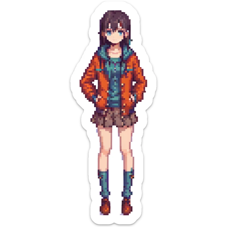 stylish anime girl, pixel art style, fashionable outfit, confident stance sticker