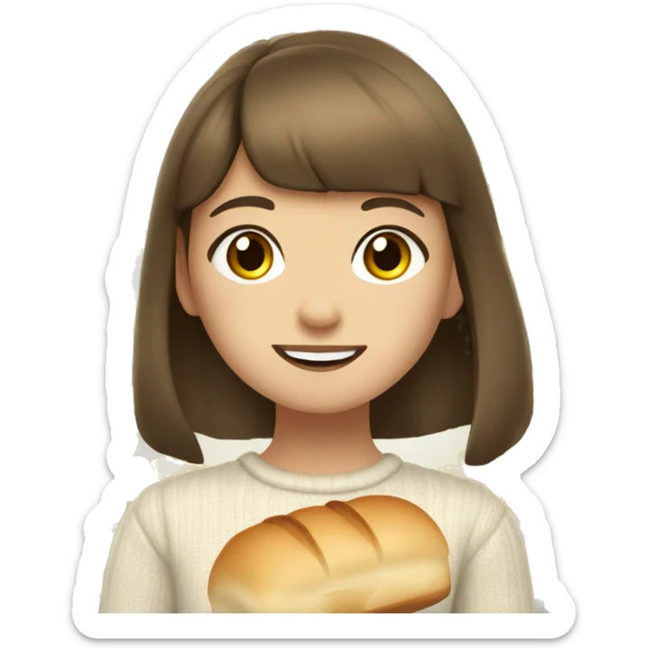 “A young girl with brown hair and short bangs, wearing a light sweater with yellow flowers. She’s holding a piece of bread and smiling softly.”  sticker