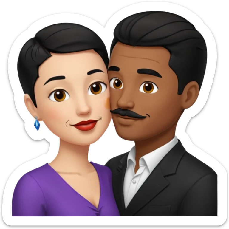 white man, black hair, slicked back, mustache kissing black woman with short black hair emoji sticker