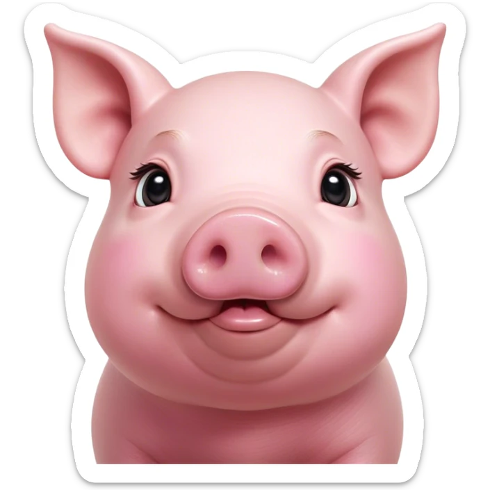 Cinematic Cute Pig Portrait Emoji, Head tilted playfully and inquisitively, featuring a glossy rosy-pink hide with a cute snout and a subtle natural sheen, round, sparkling beady eyes filled with curiosity, Simplified yet irresistibly adorable features, highly detailed, glowing with a warm, friendly glow, high shine, affectionate and lively, stylized with a touch of farmyard whimsy, bright and endearing, soft glowing outline, capturing the essence of a mischievous yet loving pig, so playful it feels like it could oink out of the screen and into your arms! sticker