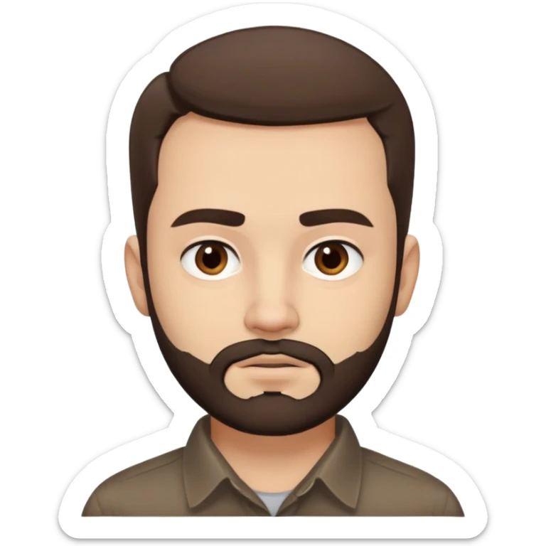 Close-up of René Monclova with light skin tone, round face, broad cheekbones. Lively dark brown eyes, thick straight eyebrows. Short messy brown hair with slight receding hairline. Untidy brown beard covering jaw. Wearing a dark collared shirt. sticker