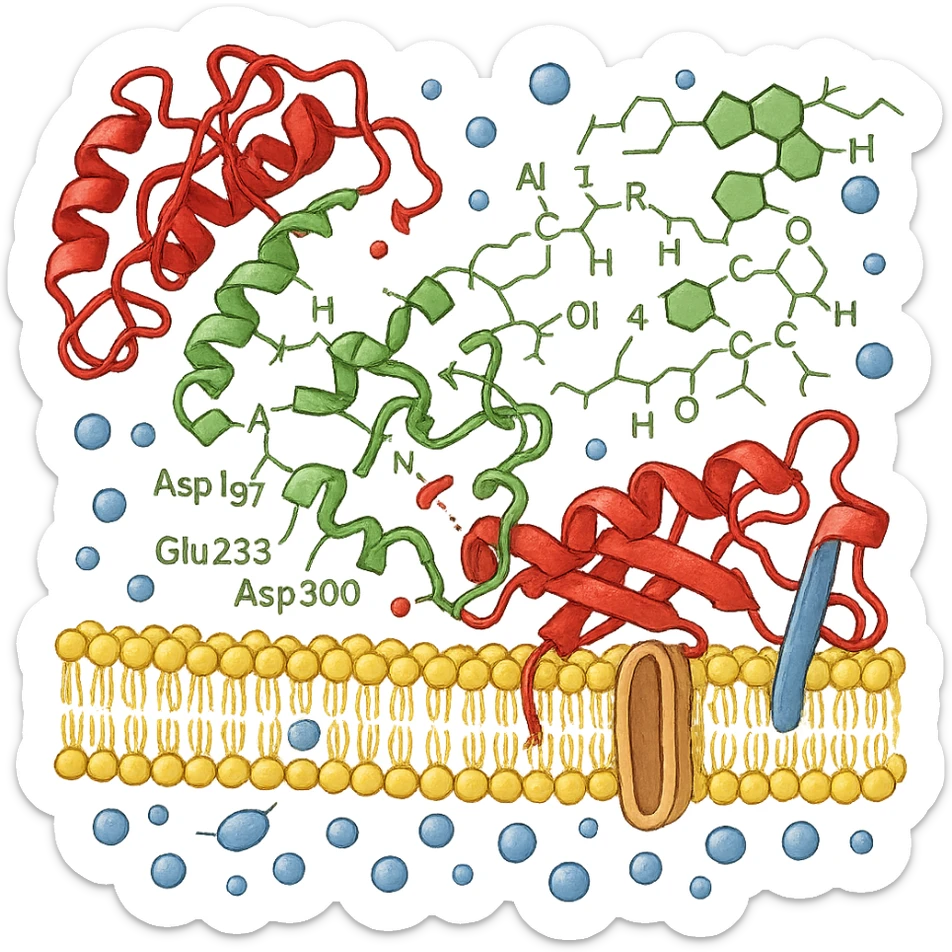 Ultra-realistic scientific illustration of enzymatic starch digestion at the cellular level, rendered in textbook-accurate detail. Show:

Multiple amylase enzyme molecules (red, with clear tertiary structure showing alpha-helices and beta-sheets) actively cleaving
Starch polymers (green amylose/amylopectin with accurate glucose unit linkages - α(1→4) and α(1→6) branches)
Cell membrane segment (yellow phospholipid bilayer with integral proteins and cholesterol molecules)
Reaction environment (blue water molecules, ionic interactions, pH-sensitive groups)
Molecular interactions (hydrogen bonds, substrate-enzyme transition state, electron cloud textures)
Technical Specifications:

Background: Pure white (#FFFFFF)
Accuracy: PDB-level structural correctness (reference 1SMD for amylase)
Exclusions: No labels
Special Details to Include:

Catalytic triad (Asp197, Glu233, Asp300) in amylase active site
Starch helix distortion during hydrolysis
Membrane protein channels for glucose transport sticker
