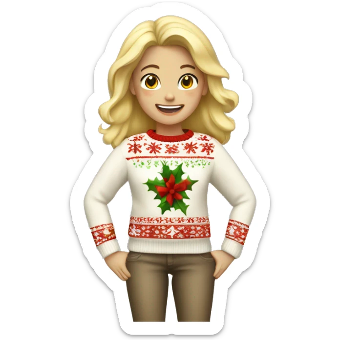 Blonde girl wearing Christmas sweater saying yay sticker