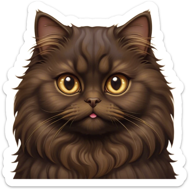 Cinematic Adorable Big-Eyed Fluffy Dark Brown Persian Cat Portrait Emoji, Head tilted playfully with a sweet expression, fluffy dark brown fur with rich caramel and gold undertones, Simplified yet irresistibly cute features with large, expressive eyes, highly detailed, glowing with a warm and gentle glow, high shine, a mix of affectionate and curious, stylized with a touch of whimsy, bright and full of charm, soft glowing outline, capturing the essence of a fluffy, loving kitty with oversized eyes, so endearing it feels like it could leap out of the screen and cuddle with you instantly! sticker