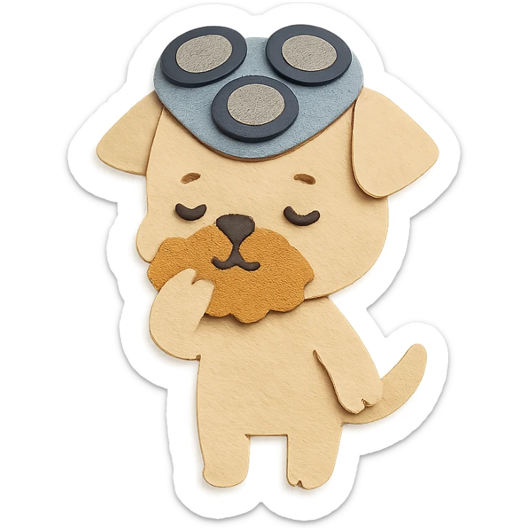 chibi electric shaver-dog hybrid, brushing its fuzzy face, creamy beige tones, full-body sticker