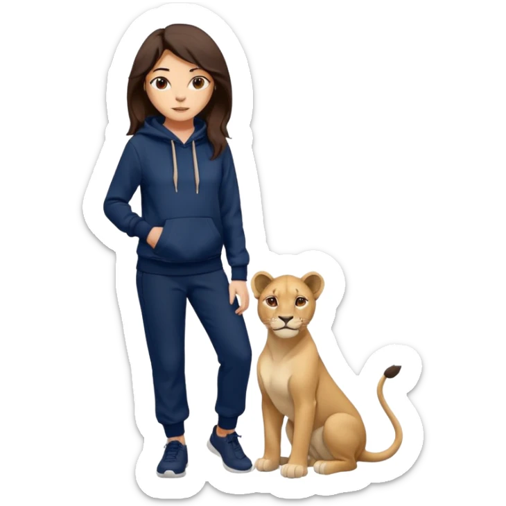 León tierno que sea mujer con pantalones guangos color azul marino y una sudadera negra con cabello suelto color castaño obscuro sticker