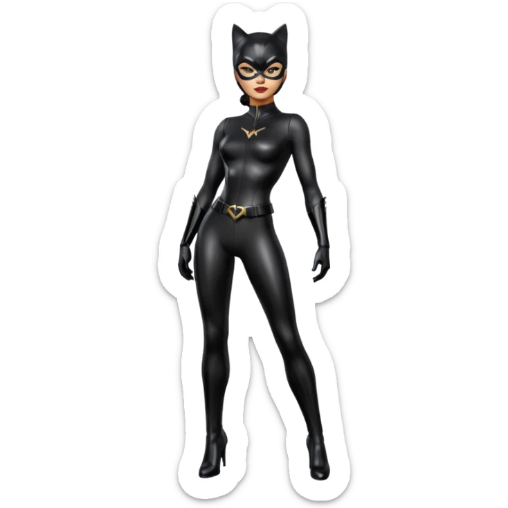 Isolated, ultra detailed illustration of the most incredibly realistic catwoman, DC Hero. Full body, patent leather shiny black out piece outfit, perfect makeup,
figurine imaginable, toy style. sticker