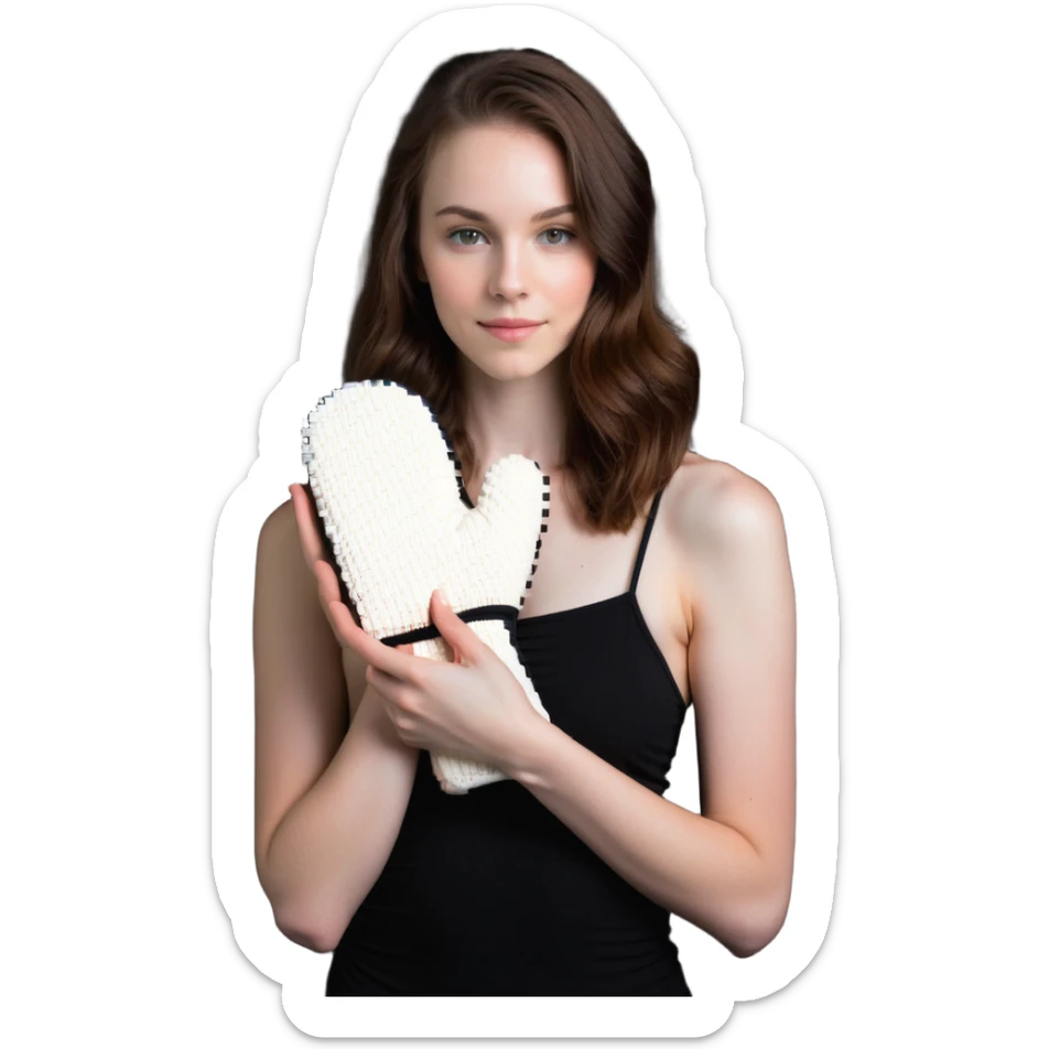 pale skintone woman with brown hair holding a tanning mitt sticker