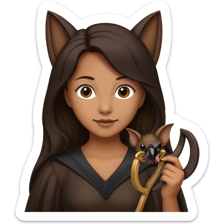 woman with long dark hair holding a horsehoe bat sticker