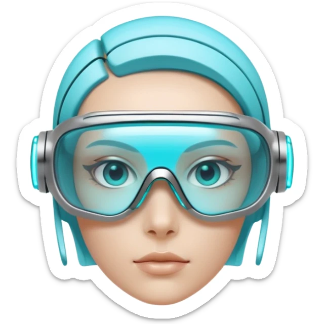 3D render of Digi-Visor, futuristic cyborg aesthetic, fusion of organic skin and chrome metal, sleek white plastic eyewear with a cyan glowing strip, isolated on white background --v 6.0. sticker