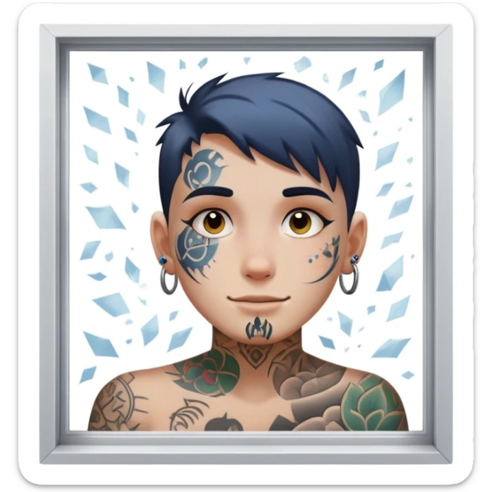 person with face tattoo looking out of window and he is opening shatters happy sticker