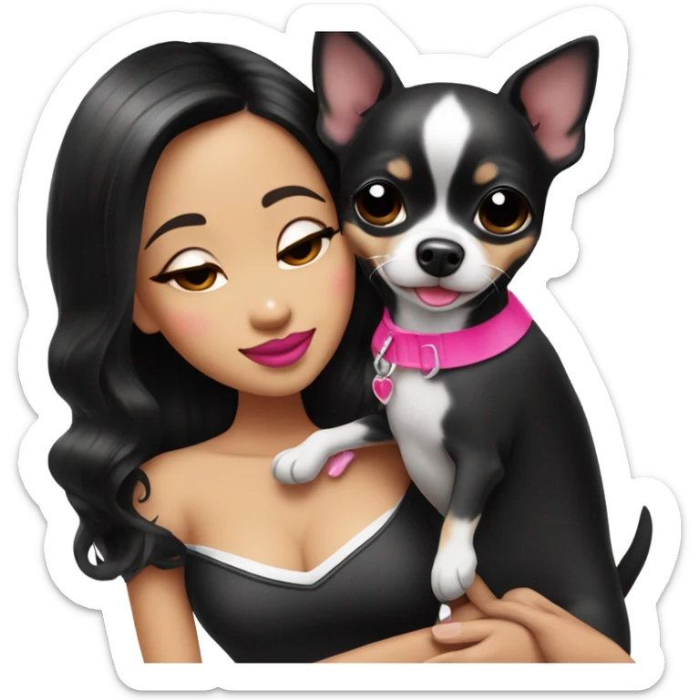 Thick medium black hair with hot pink lips and pink cheek smiling Filipino lady hugging black and white Chihuahua  sticker