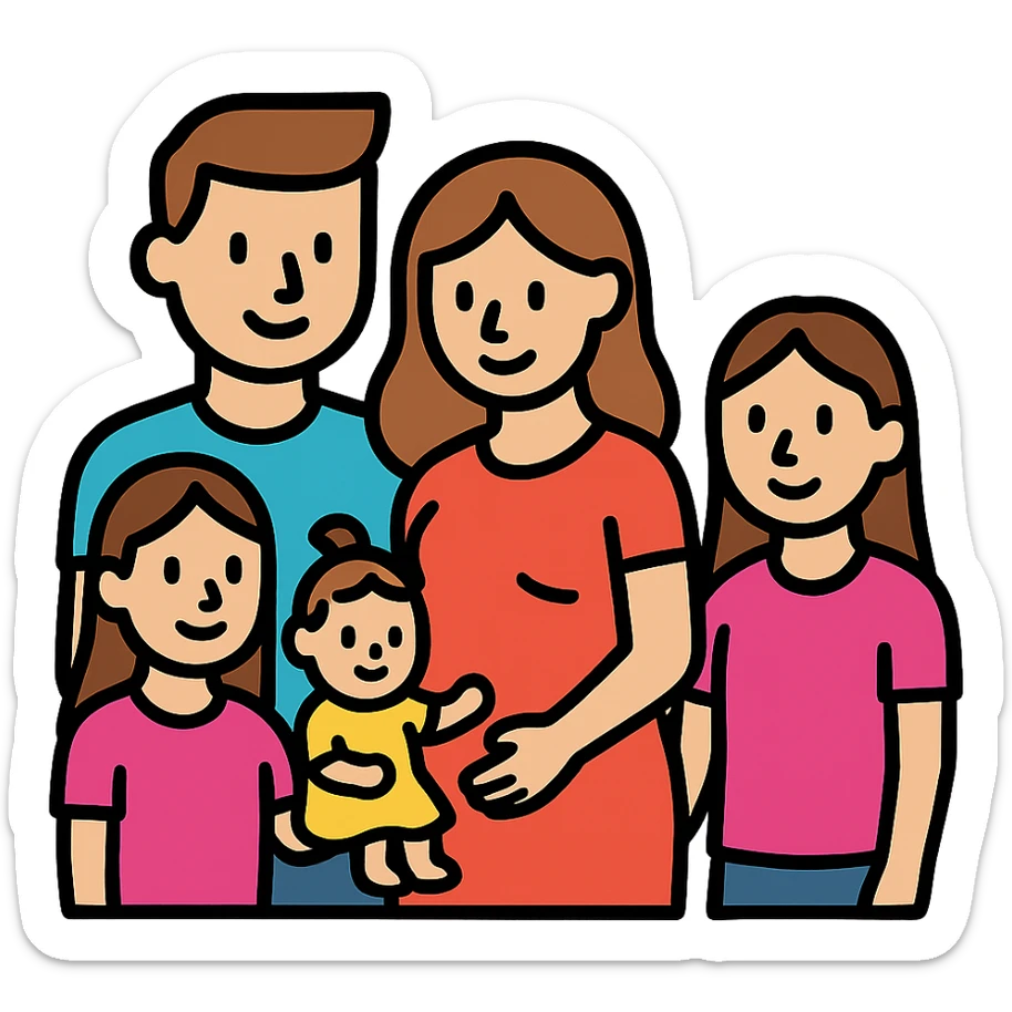 modern icon of a family group: dad, pregnant mom, two teen girls, and a small baby girl, showing affection and unity sticker