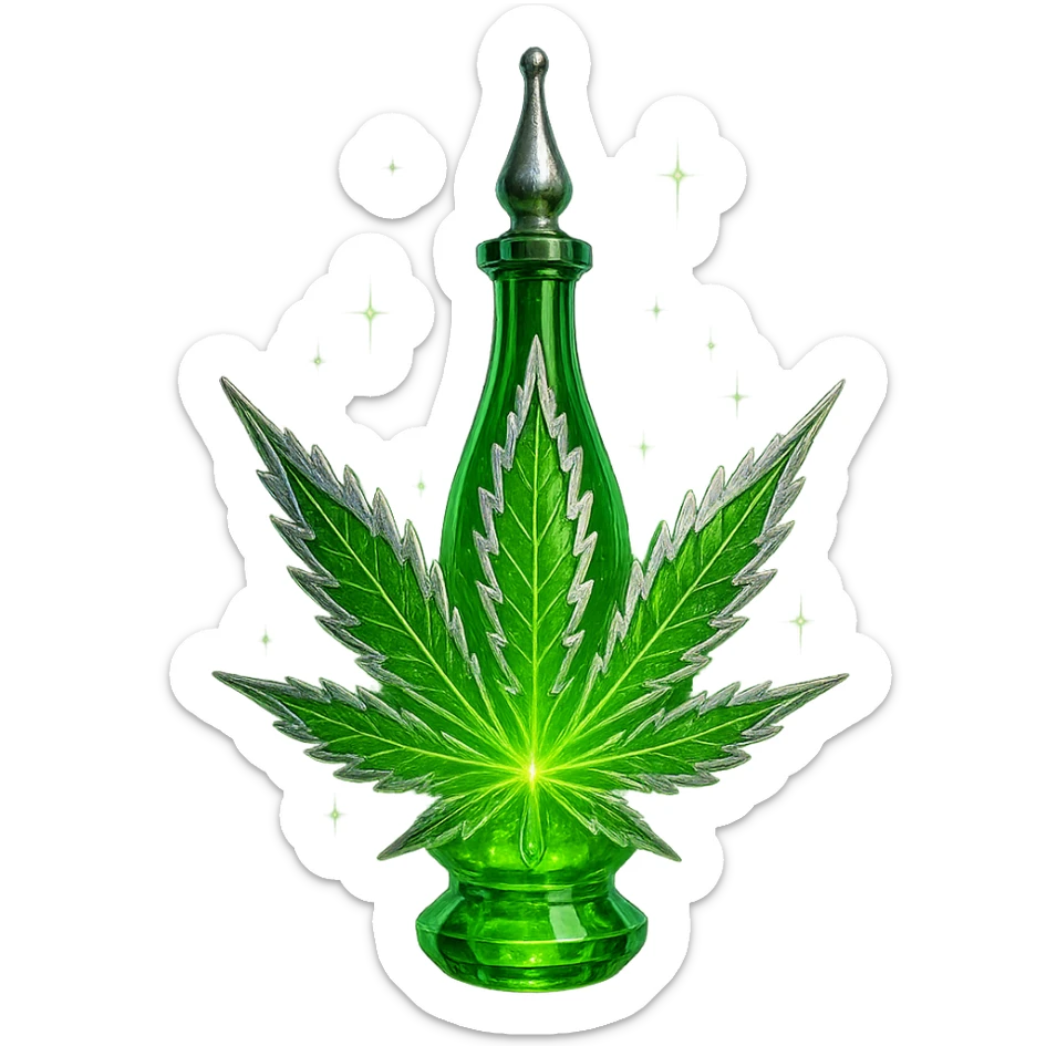 prabangus eliksyro buteliukas, kanapės lapo forma arba su kanapės motyvais, ryškiai žalia spalva, sidabrinės ir holografinės detalės, labai mažas kaklelis, vientisas dugnas, dar daugiau magiškų efektų, buteliukas plūduriuoja ore, be pagrindo ar šešėlio, modernus, kolekcijai tinkamas, skaidrus fonas sticker