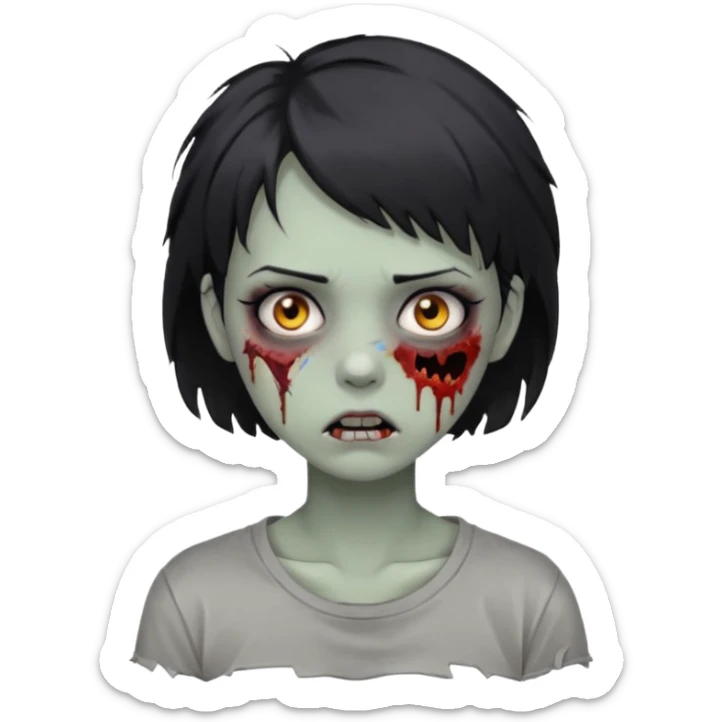 Zombie girl with messy black short hair in gray tshirt with lashes and torn cheek sticker
