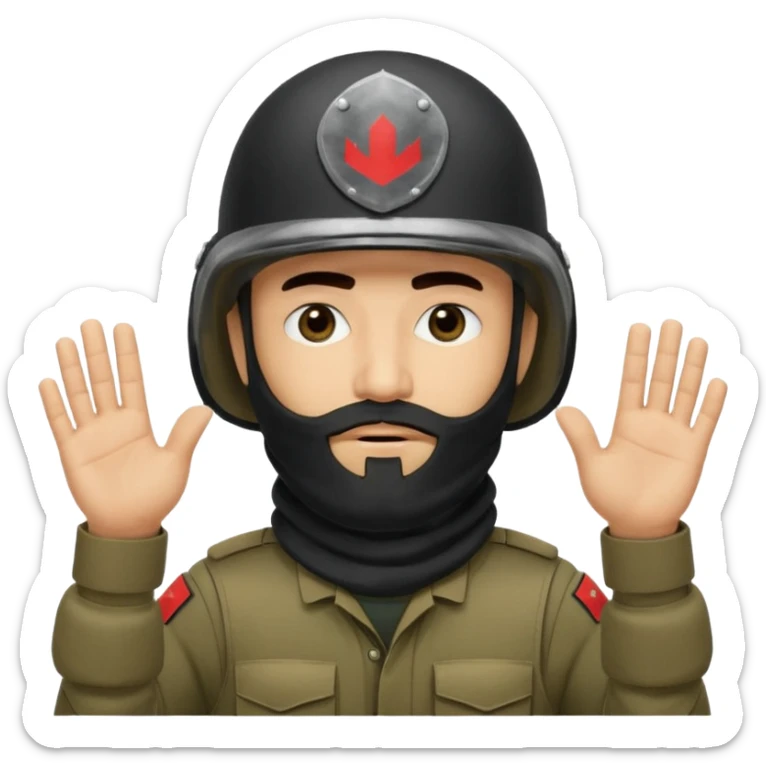 surrenders, depicts an Iraqi soldier from 1980, with a beard, in a helmet, a helmet without signs, with a balaclava, with sad eyes and raised hands sticker