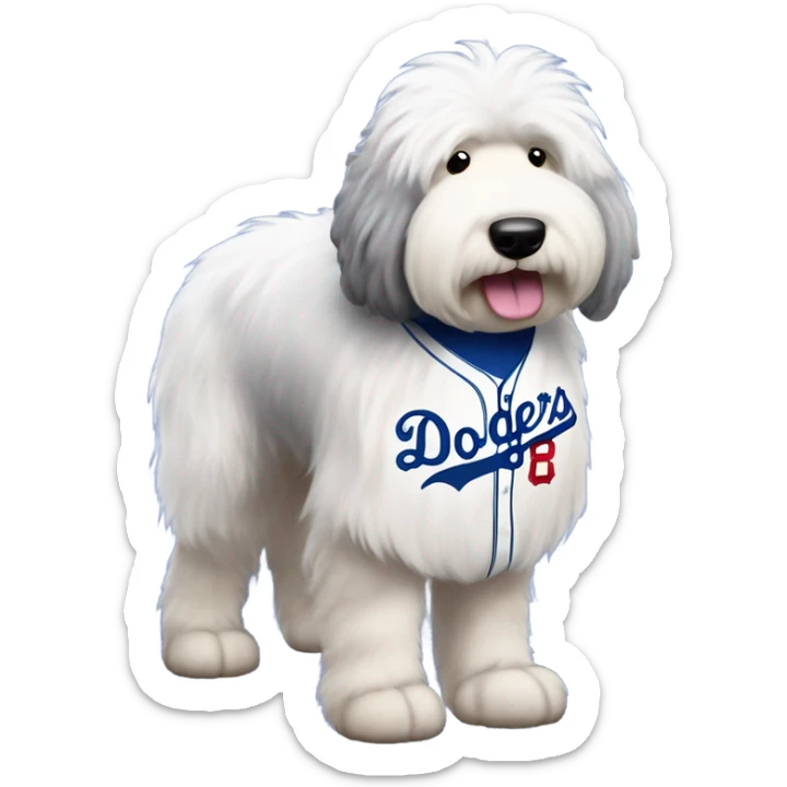 Old English Sheepdog full height wearing a Los Angeles dodgers baseball jersey sticker