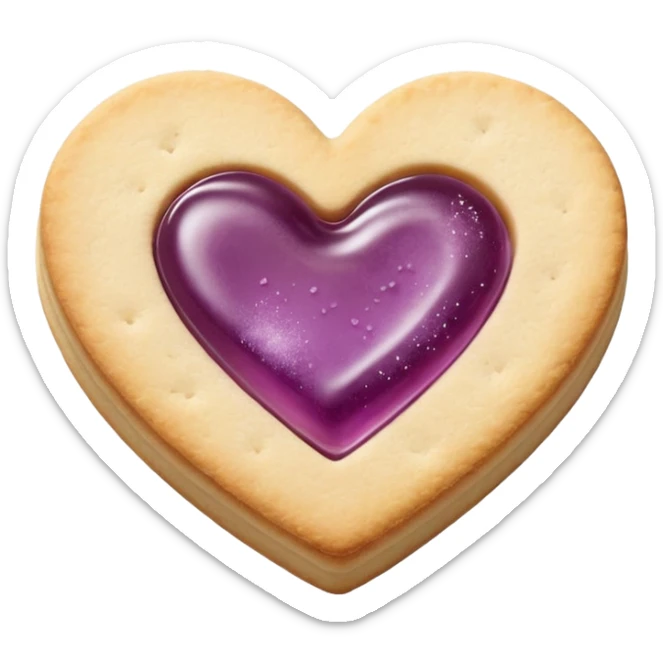 Realistic shortbread cookie in the shape of a heart with mauve jelly middle filling and sprinkled powder sugar on top. sticker