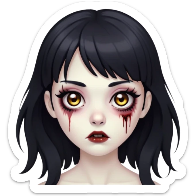 zombie girl, with big brown eyes, big eyelashes and black eyeliner, black long hair, with bangs  sticker