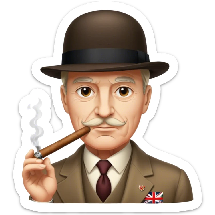 Cinematic Realistic Winston Churchill Portrait Emoji, depicted as a resolute British statesman with a signature bowler hat and a cigar, exuding determined leadership and wartime valor, rendered with lifelike textures and dramatic vintage lighting that captures his iconic British spirit. sticker
