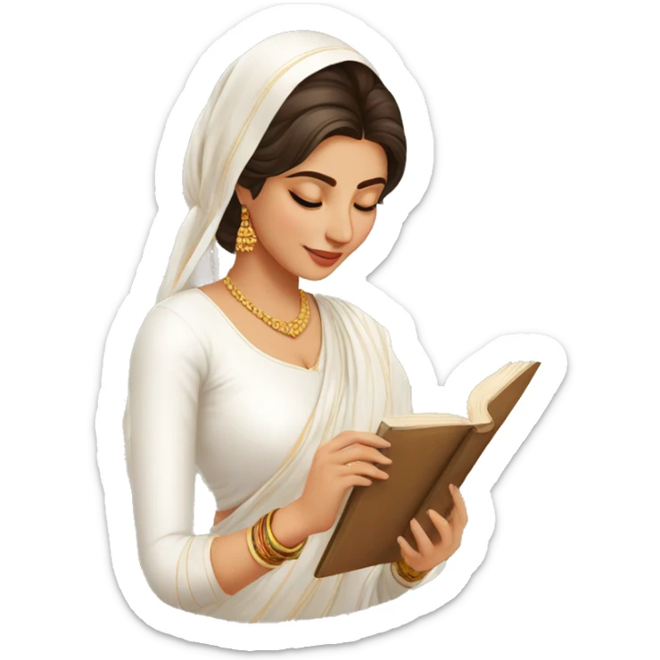 A modern women wearing  simple full white kurti  badhni dupatta and book in hand sticker