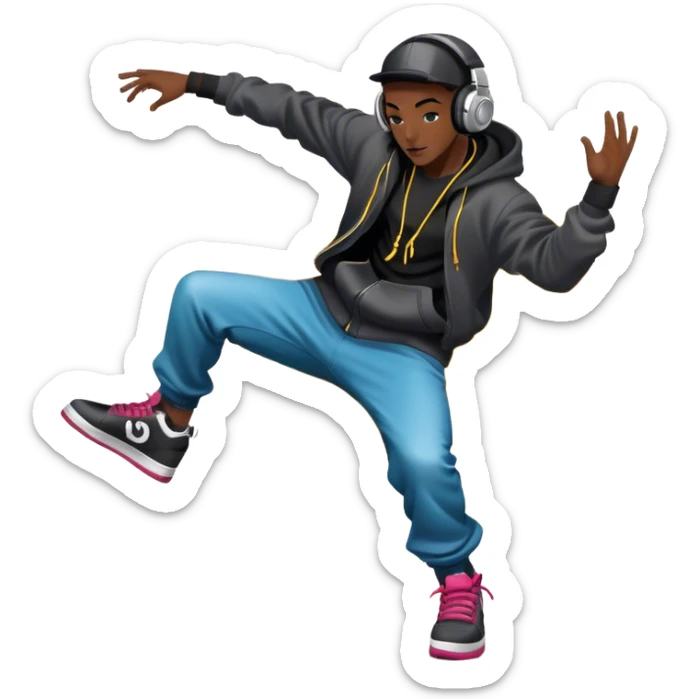 Icon for Street Dance: a dancer in urban streetwear performing a dynamic lower breakdance move, with a spray-painted background, headphones, and a boombox on the asphalt. The icon should capture the energy, style, and creativity of street dance culture. Transparent background. sticker