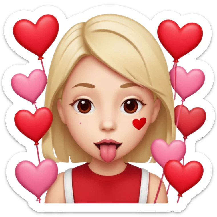 A cross eyed person with their tongue out far with Valentine’s Day decor/hearts around sticker