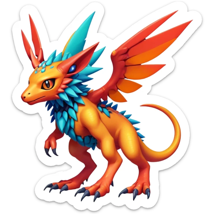  colorful warm-colored hot lush exotic modern cyber-Fakémon-Digimon-Trico-Vernid-creature (full body) sticker